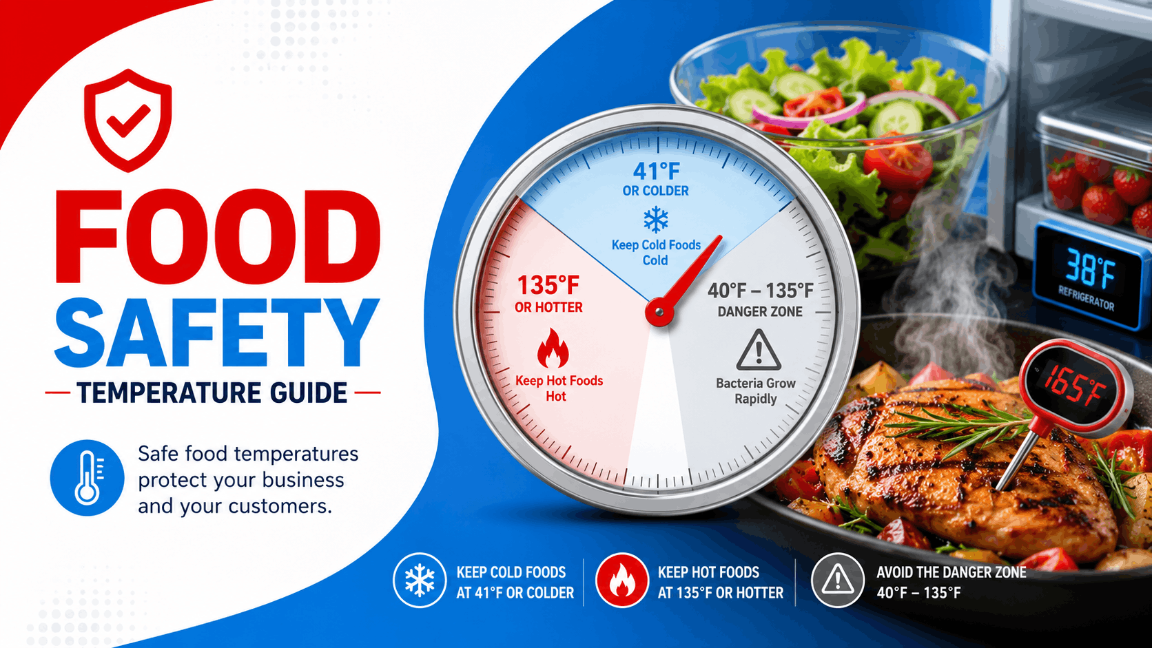 Food Safety Temperature Guide for commercial refrigerators, cold holding, freezer storage, hot holding, and cooking temperatures