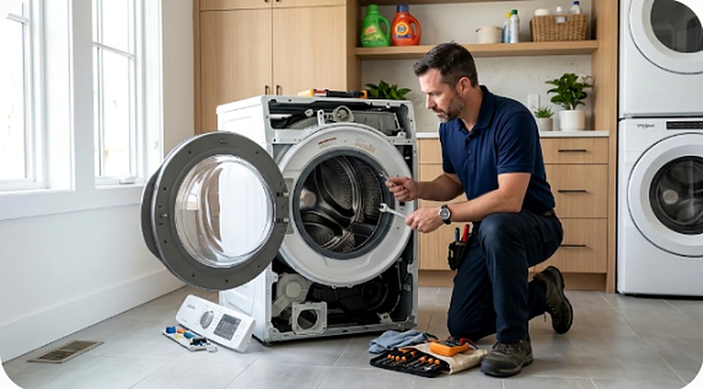 Appliance repair technician fixing a front-load washing machine in a St. Paul, MN laundry room