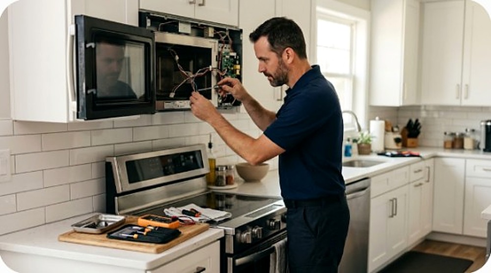 Technician repairing a Samsung over-the-range microwave in a St. Paul, MN home kitchen