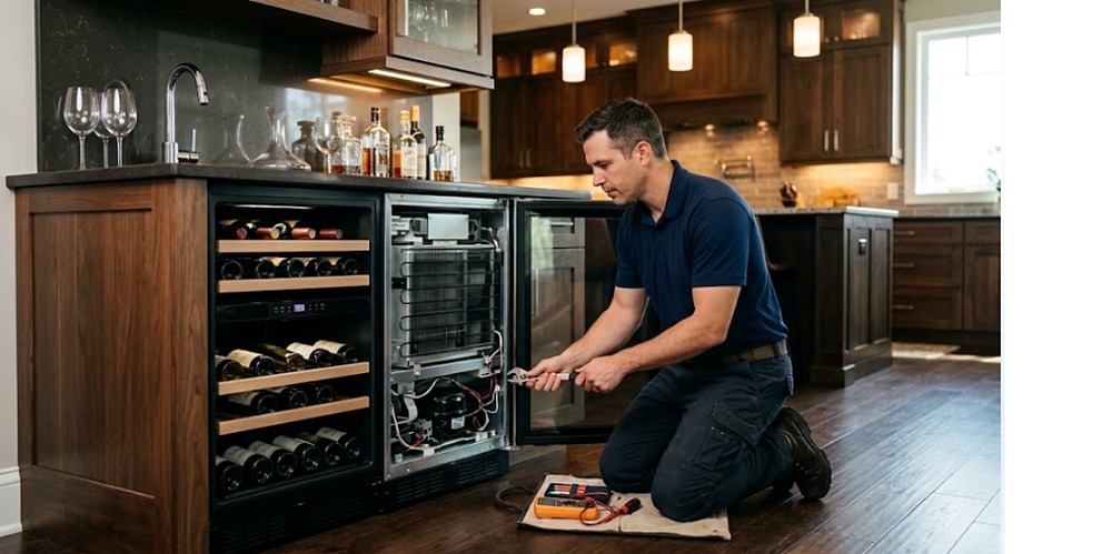 Technician repairing a built-in wine fridge in a St. Paul, MN home bar